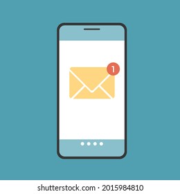 Ilustración de diseño plano de la pantalla de smartphone con notificación de mensaje de sms entrante o correo electrónico. Sobre amarillo con teléfono en fondo verde - vector