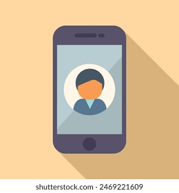 Flat design illustration of a smartphone displaying a user avatar on the screen, with a long shadow on a beige background