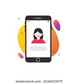Flat design illustration of a smartphone screen displaying a user profile avatar, with colorful abstract shapes in the background. 