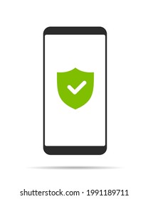 Flaches Design-Illustration von Smartphone mit Touchscreen und grünem Schild Symbol für Telefonsicherheit. Einzeln auf weißem Hintergrund - Vektorgrafik
