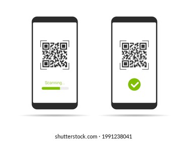 Flat design illustration of smartphone with touch screen and QR code scanning icon. Isolated on white background - vector