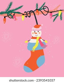 Flat Design Illustration with Snowman at Sock and Branch, Christmas Lights