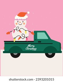  Flat Design Illustration with Snowman wearing Christmas Lights, Santa Hat, Glovers at Merry Christmas Truck