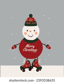 Flat Design Illustration with Snowman wearing Merry Christmas Sweater, Hat, Glover,Roller Skates