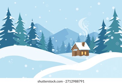 Ilustração de design plano de uma cena de inverno nevado com uma pequena cabine de madeira com chaminé de fumar, pinheiros e neve caindo.