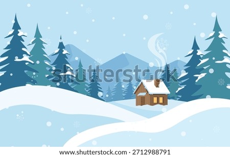 Flat design illustration of a snowy winter scene featuring a small wooden cabin with smoking chimney, pine trees, and falling snow.
