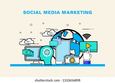 Flat design illustration of social media marketing,business management,strategy, finance and investment