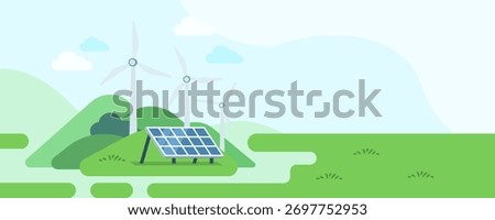 Flat design illustration of solar panel and wind turbines on a green hill