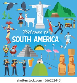 Flat design, Illustration of South America landmarks and icons