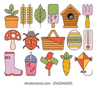 Flat design illustration of spring elements featuring plants, flowers, insects, gardening tools, Easter egg, picnic basket, and seasonal accessories. Perfect for seasonal and nature-themed designs.