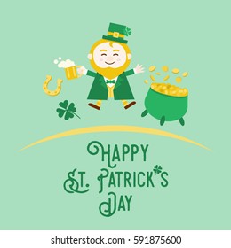 Flat design, Illustration of St Patrick's day Leprechaun with beer and pot of gold, vector