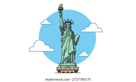 Uma ilustração de design plano da Estátua da Liberdade em pé sobre um pano de fundo de nuvens brancas e um círculo azul vibrante.