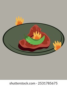  Flat Design Illustration with Steak and Chilli Pepper at Plate, Fire