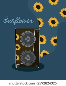  Flat Design Illustration with Stereo Speakers for Music and Sunflowers Background