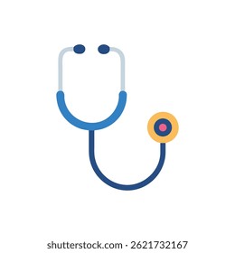 A flat design illustration of a stethoscope on a White Background with blue and yellow colors.