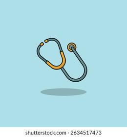 Una ilustración de diseño plano de un estetoscopio con tonos naranjas y grises, aislado sobre un fondo azul claro. Perfecto para temas médicos, de salud y profesionales
