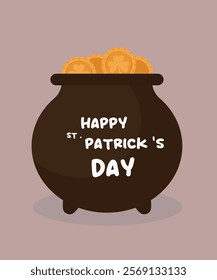 Flat Design Illustration with St.Happy Patrick's Day and Cauldron Gold