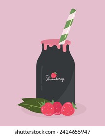 Ilustración de diseño plano con una botella de bebida de fresa