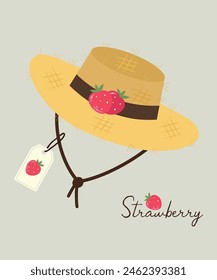  Flat Design Illustration at Strawberry Hat Straw and Sunglasses, Sale Tag