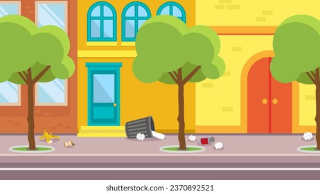 Flat design illustration of street with trees, benches and birds.