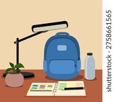 Flat design illustration of a study workspace with backpack, open planner, desk lamp, water bottle and plant on desk. Modern school, education and student planning concept with stationery and study supplies.