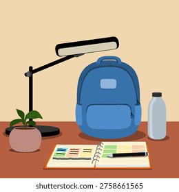 Flat design illustration of a study workspace with backpack, open planner, desk lamp, water bottle and plant on desk. Modern school, education and student planning concept with stationery and study supplies.