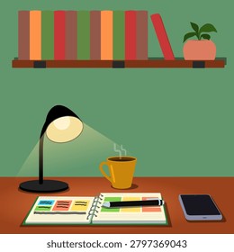 Flat design illustration of a study workspace featuring an open planner notebook, desk lamp, coffee cup, smartphone and bookshelf with plant. Productivity, organization, education and study routine concept.