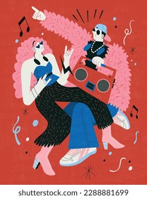 Flat design illustration of stylish couple dancing to the music. The boy with a boombox pointing his hand up and dancing with the curly pink hair girl.