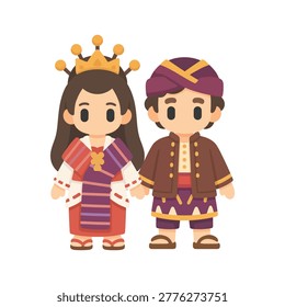 Flat design illustration of a Sumatran couple. The bride wears a golden crown and red Songket, and the groom wears a purple turban and brown traditional jacket.