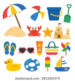 Flat design illustration of summer beach activities and objects in bright colors