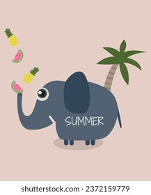  Diseño plano Ilustración verano con elefante y frutas,Palm
