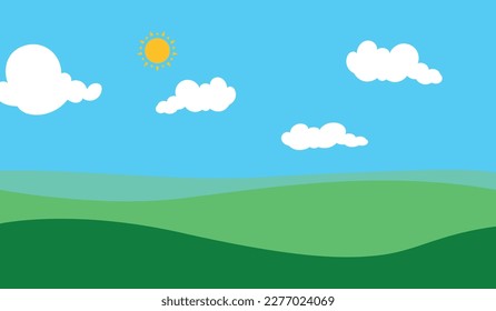 Flat design illustration of summer mountain landscape with green grassy hill under a clear blue sky with white clouds and shining sun 