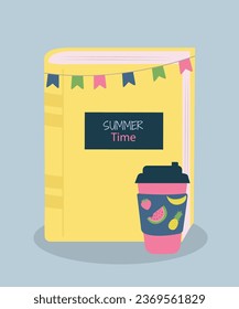 Flat Design Illustration with Summer Time Book and Latte , Decoration