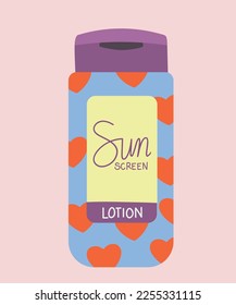 Ilustración de diseño plano Loción de pantalla solar con corazón naranja patrón en azul de fondo