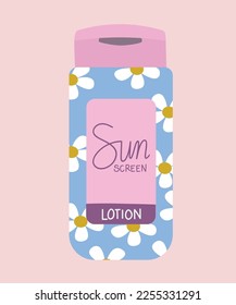 Flat Design Illustration Sunscreen Lotion with Pattern Daisy in Background Blue
