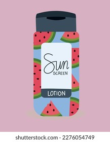  Flat Design Illustration Sunscreen Lotion with Pattern Watermelon in Background Blue