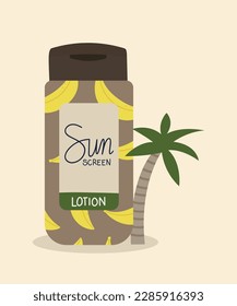 Ilustración de diseño plano Loción de pantalla solar con patrón banana y palma
