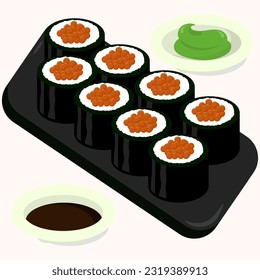 Flat design illustration of sushi roll with caviar on a black plate. Perfect use for restaurant menu