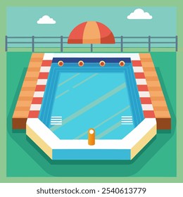 A flat design illustration of a swimming pool with a fence, umbrella, and wooden deck, perfect for adding a summery touch to your designs. This cheerful and inviting graphic is ideal for websites.