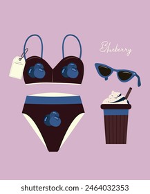 Flat Design Illustration and Swimwear at Blueberry Pattern, Sunglasses, MilkShake