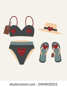  Flat Design Illustration and Swimwear at Heart Pattern, Sale Tag,Flip Flops,Hat