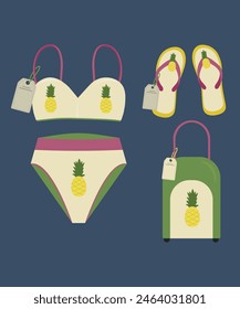 Flat Design Illustration and Swimwear at Pineapple Pattern, Sale Tag, Flip Flops, Bag