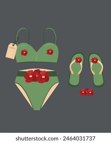  Flat Design Illustration and Swimwear at Red Flowers Pattern, Sale Tag,Flip Flops