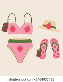 Flat Design Illustration and Swimwear at Strawberry Pattern, Sale Tag, Flip Flops