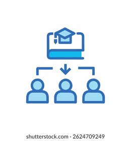 Flache Designgrafik, die den Wissenstransfer vom Unterrichtsmaterial zu den Schülern symbolisiert, wobei blaue Umrisse in einem geometrischen Stil verwendet werden.