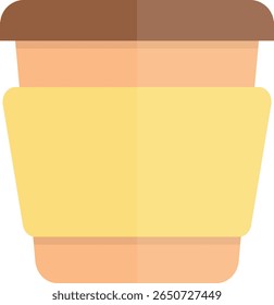 Flat design illustration of a takeaway coffee cup with brown lid and yellow sleeve, isolated on a neutral background, representing modern beverage culture.