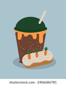  Ilustración de diseño plano con la Copa de Bebida Caliente y Crema de Carro, Eclair