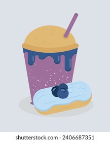 Flat Design Illustration with Takeaway Cup of Hot Drink and Blueberry Cream ,Eclair