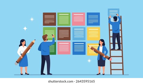 Flat Design Illustration of Team Collaborating on Colorful Sticky Notes with Giant Pencils