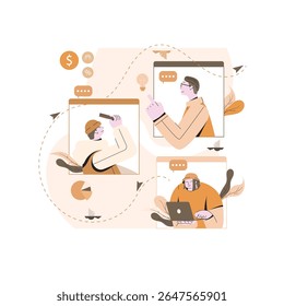 Ilustración de diseño plano de discusión de Equipo. Trabajar desde la Comunicación Doméstica. Ilustración vectorial de la discusión remota